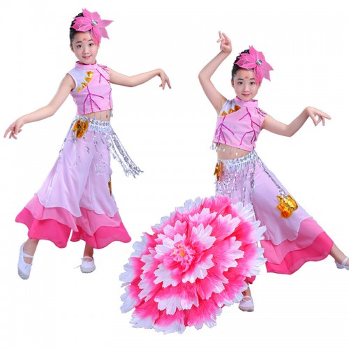 Girls Chinese folk dance costumes pink umbrella traditional performance fairy film cosplay photos dancing dresses